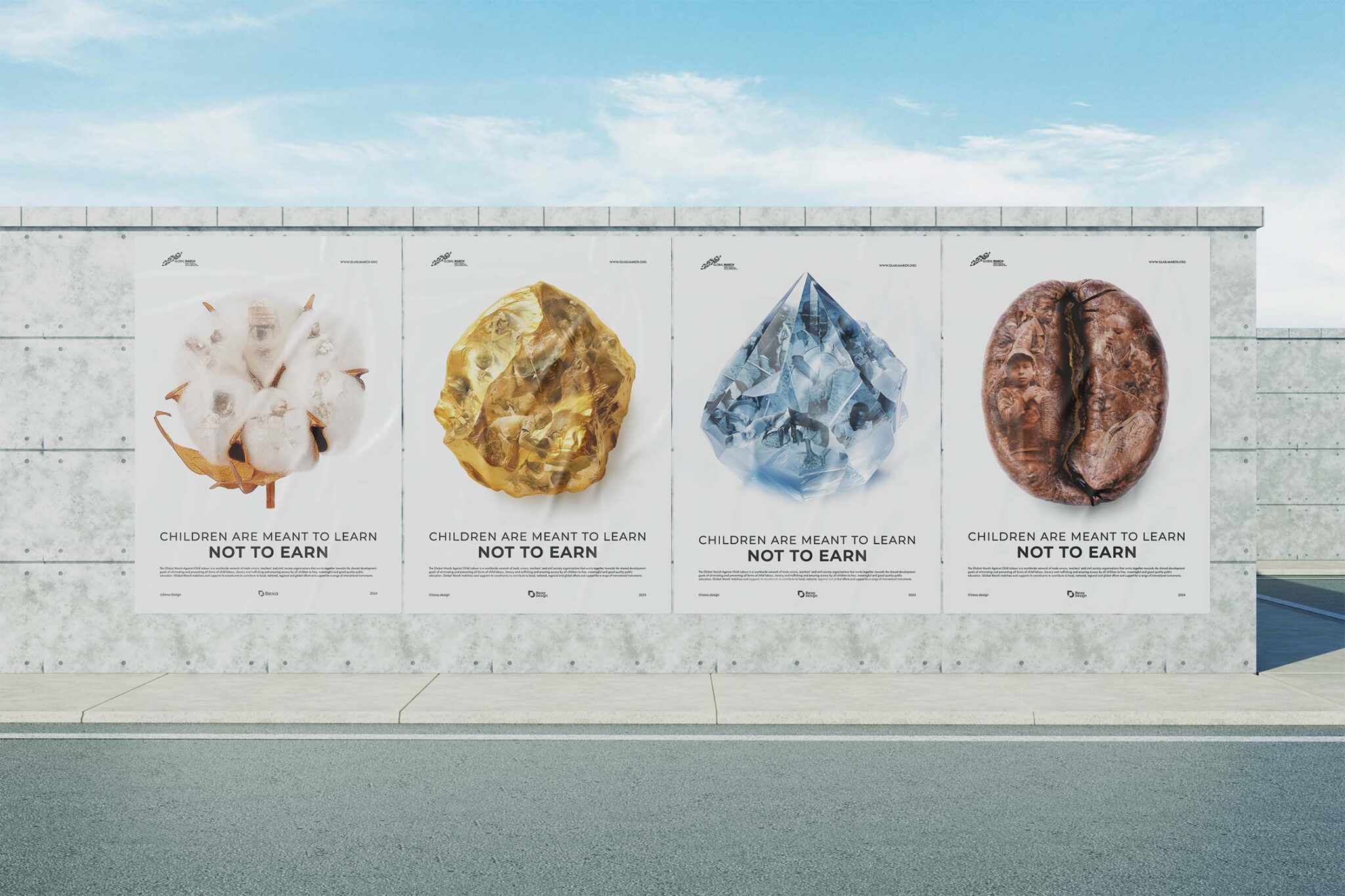 Four large-scale outdoor posters mounted on a concrete wall display a public awareness campaign about child labour.